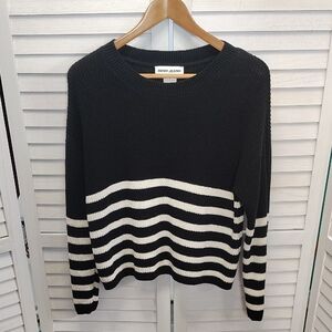 DKNY Black & White Striped Crewneck Cotton Sweater